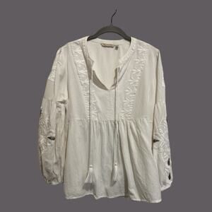 Soft Surroundings White Embroidered Beaded Peasant Boho Artsy Top Size L